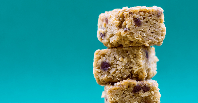 3 small granola cubes stacked on top of eachother