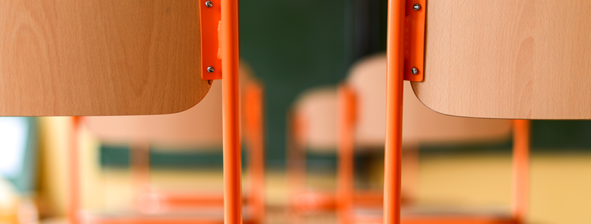 Chairs stacked up on desks with a blurred background of a classroom