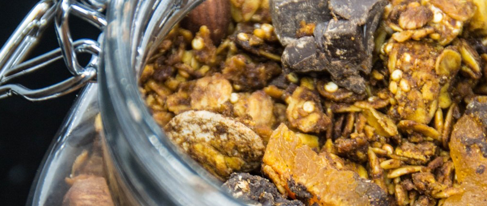 Close-up of harvest granola in a mason jar