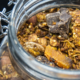 Close-up of harvest granola in a mason jar