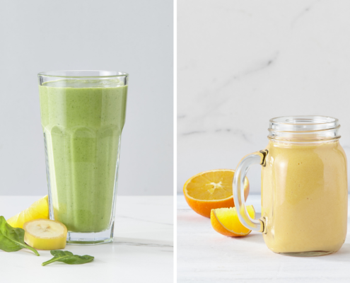 Smoothie vert et smoothie orange