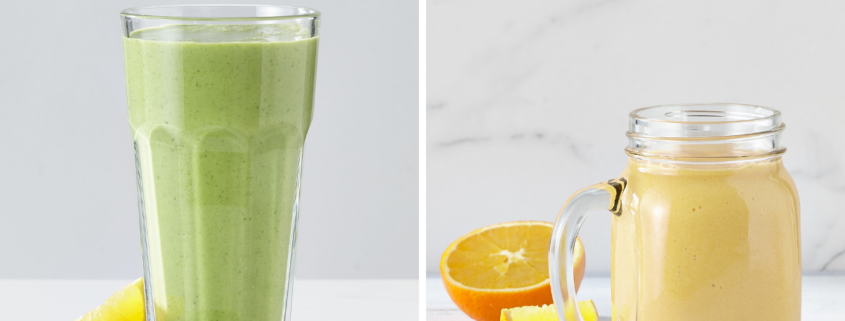 Smoothie vert et smoothie orange